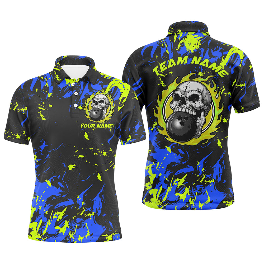 Custom Blue And Green Bowling Jerseys For Men And Women, Flame Skull Bowling Team Shirts IPHW6707