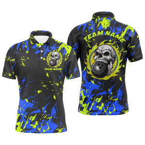 Custom Blue And Green Bowling Jerseys For Men And Women, Flame Skull Bowling Team Shirts IPHW6707