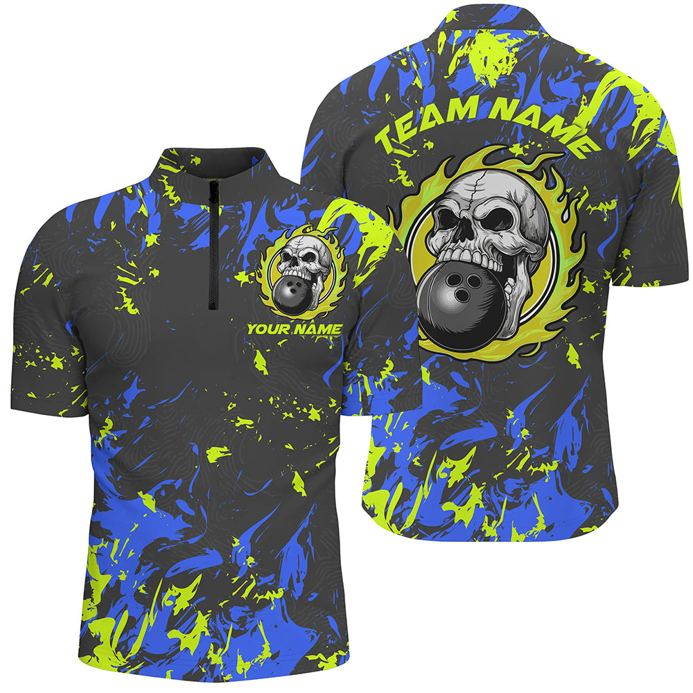 Custom Blue And Green Bowling Jerseys For Men And Women, Flame Skull Bowling Team Shirts IPHW6707