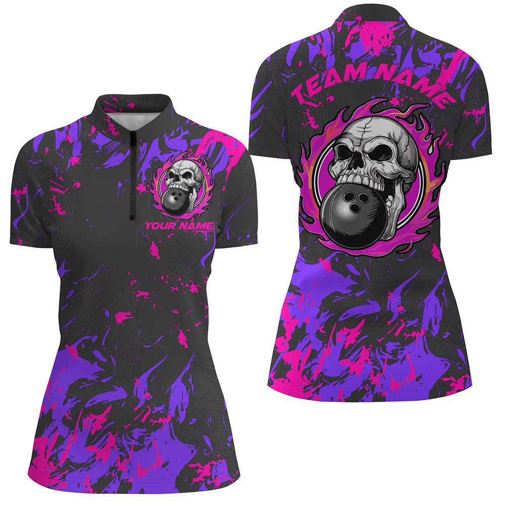 Custom Pink And Purple Bowling Jerseys For Women, Flame Skull Bowling Team Shirts IPHW6708