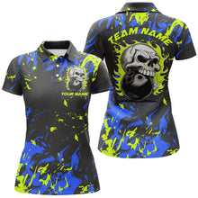 Load image into Gallery viewer, Custom Blue And Green Bowling Jerseys For Women, Flame Skull Bowling Team Shirts IPHW6709