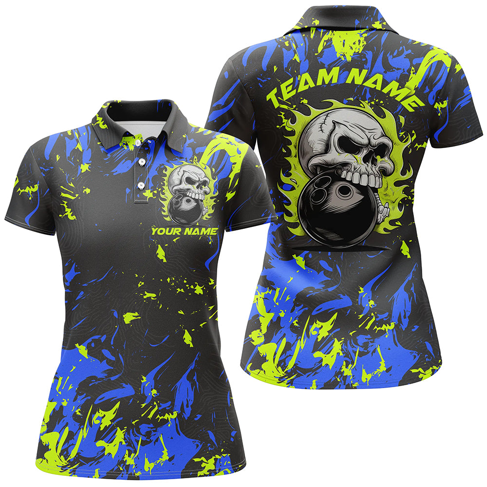 Custom Blue And Green Bowling Jerseys For Women, Flame Skull Bowling Team Shirts IPHW6709