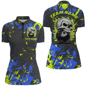 Custom Blue And Green Bowling Jerseys For Women, Flame Skull Bowling Team Shirts IPHW6709