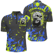 Load image into Gallery viewer, Custom Blue And Green Bowling Jerseys For Men And Women, Flame Skull Bowling Team Shirts IPHW6709