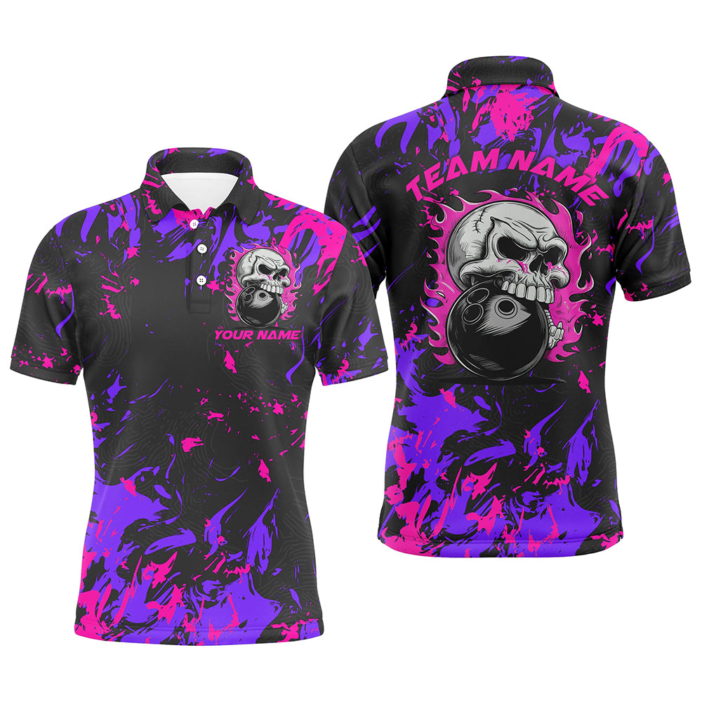 Custom Pink And Purple Bowling Jerseys For Men And Women, Flame Skull Bowling Team Shirts IPHW6710