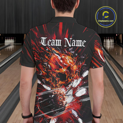 Custom Flame Skull Bowling Team Men Polo Shirts, Fire Halloween Bowler Outfit Uniform IPHW9583