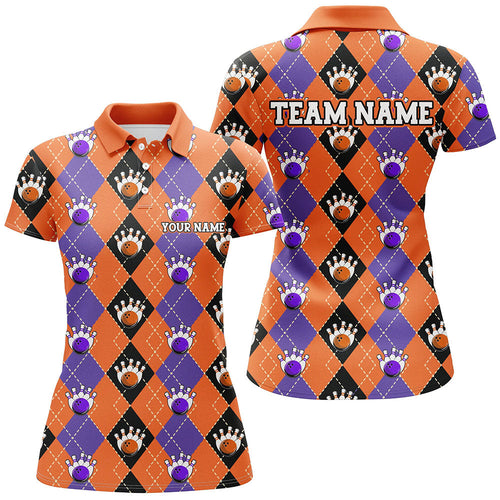 Purple And Orange Argyle Custom Ladies Bowling Shirts, Fall Season Halloween Bowler Outfits IPHW7296
