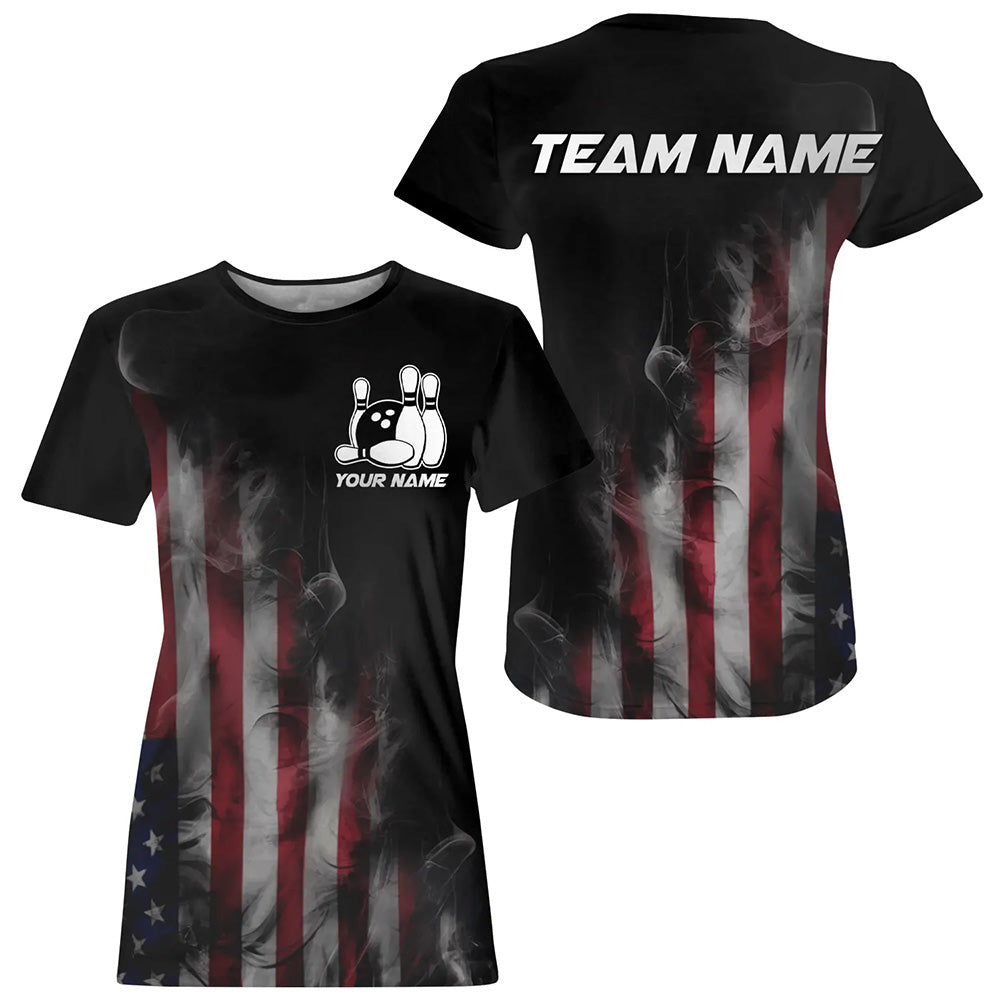 Smoke American Flag Custom Patriotic Bowling T-Shirts For Women, Us Bowling Team IPHW7585