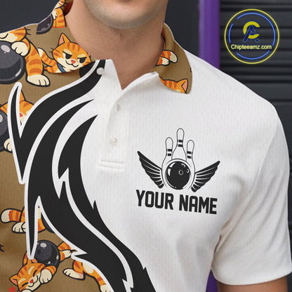 Custom Cute Funny Ginger Tabby Cat Bowling Men Polo Shirts, Cat Bowling Team Shirt IPHW10317
