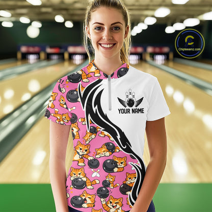 Custom Cute Funny Ginger Tabby Cat Bowling Women Quarter-Zip Shirts, Bowling Team Shirt IPHW10319