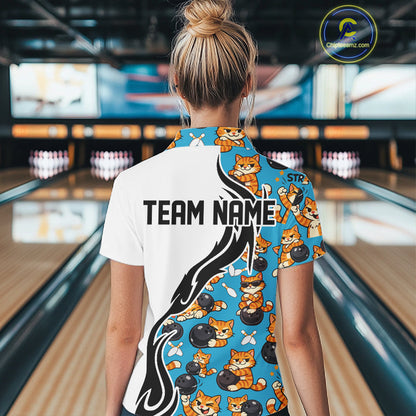 Custom Cute Funny Ginger Tabby Cat Bowling Women Quarter-Zip Shirts, Bowling Team Shirt IPHW10320