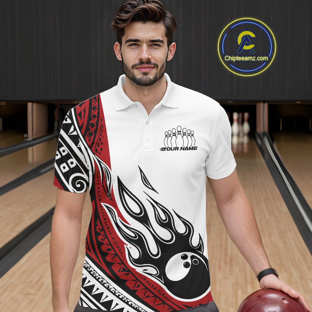 Custom Red Tribal Polynesian Pattern Men Bowling Team Shirt, Maori Style Bowling Outfit IPHW10326