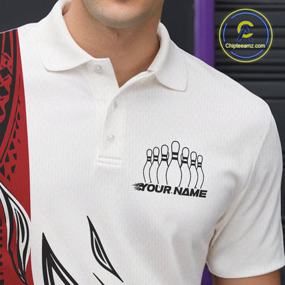 Custom Red Tribal Polynesian Pattern Men Bowling Team Shirt, Maori Style Bowling Outfit IPHW10326