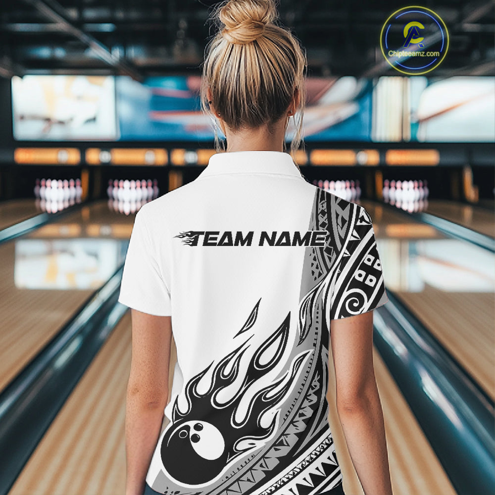Custom Gray Tribal Polynesian Pattern Women Bowling Shirt, Maori Style Bowling Outfit IPHW10328