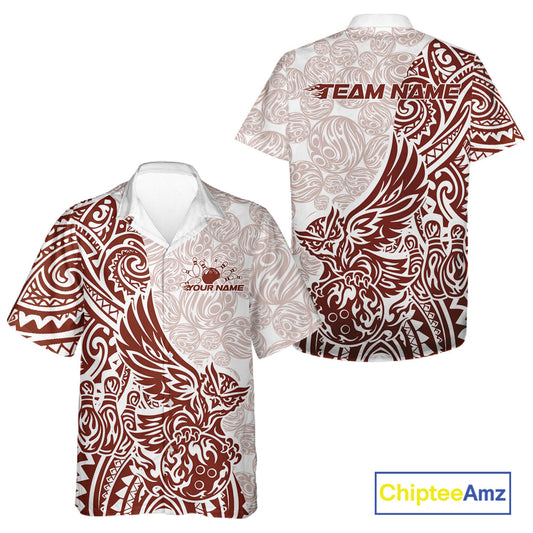 Custom Red Brown Tribal Tattoo Pattern Polynesian Owl Bowling Men And Women Hawaiian Shirts IPHW10335