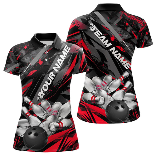 Custom Black And Red Bowling Polo Shirts For Women, Bowling Tournament Team Uniform IPHW8527