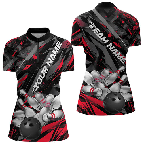 Custom Black And Red Bowling Quarter-Zip Shirts For Women, Bowling Tournament Team Uniform IPHW8527