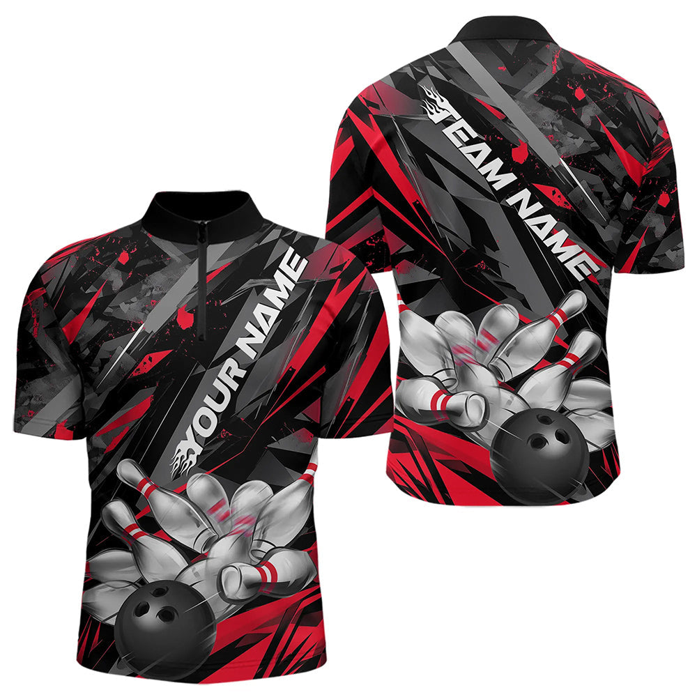 Custom Black And Red Bowling Quarter-Zip Shirts For Men, Bowling Tournament Team Uniform IPHW8527