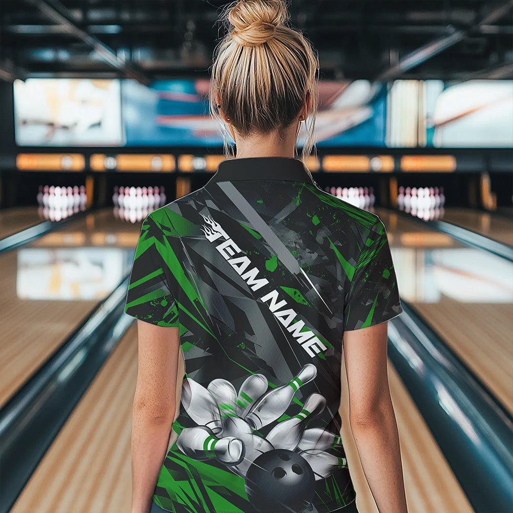Custom Black And Green Bowling Quarter-Zip Shirt For Women, Bowling Tournament Team Uniform IPHW8529