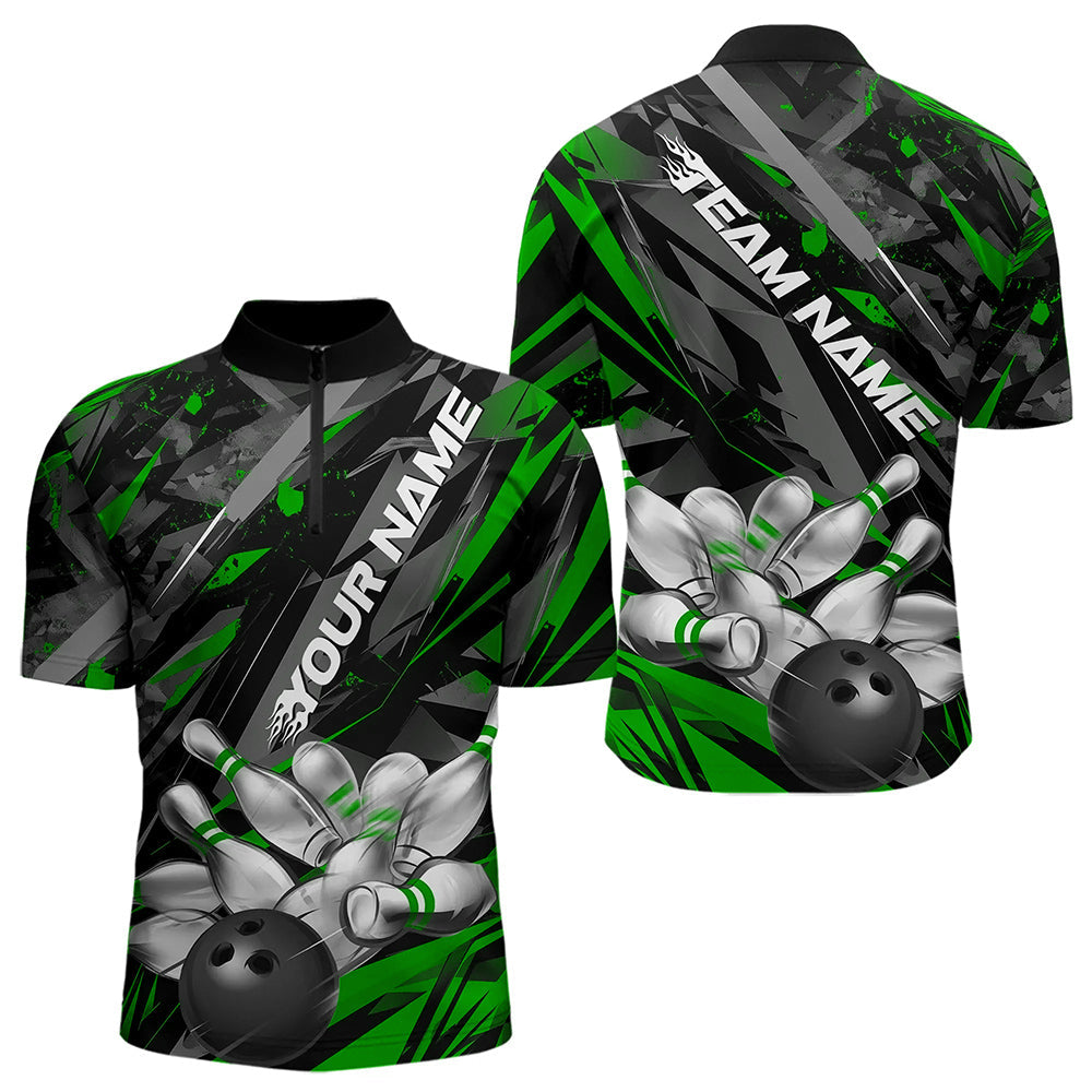 Custom Black And Green Bowling Quarter-Zip Shirts For Men, Bowling Tournament Team Uniform IPHW8529