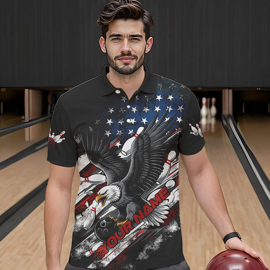 Personalized American Flag Eagle Men Bowling Polo Shirts, Patriotic US Bowling League Shirt IPHW8731