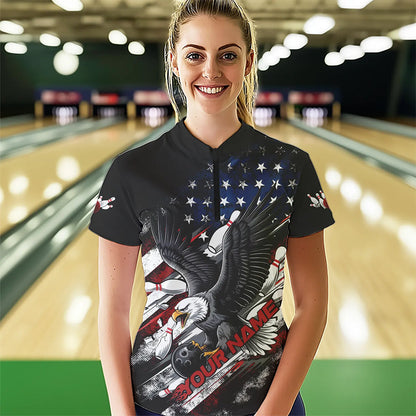 Personalized American Flag Eagle Women Bowling Quarter-Zip Shirts, Patriotic Bowling Shirt  IPHW8731