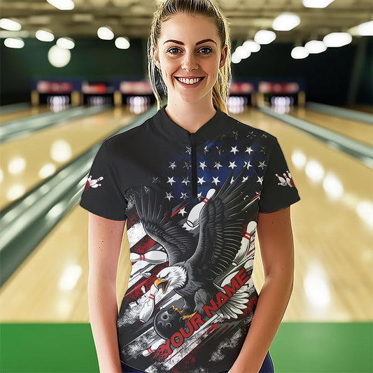 Personalized American Flag Eagle Women Bowling Quarter-Zip Shirts, Patriotic Bowling Shirt  IPHW8731