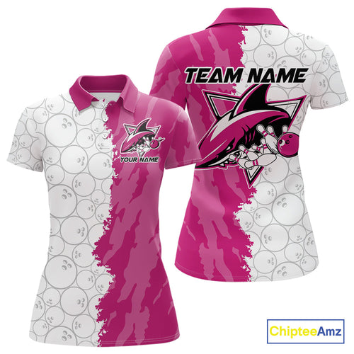 Custom White And Pink Shark Bowling Polo Shirts For Women, Shark Bowling League Shirt IPHW8992