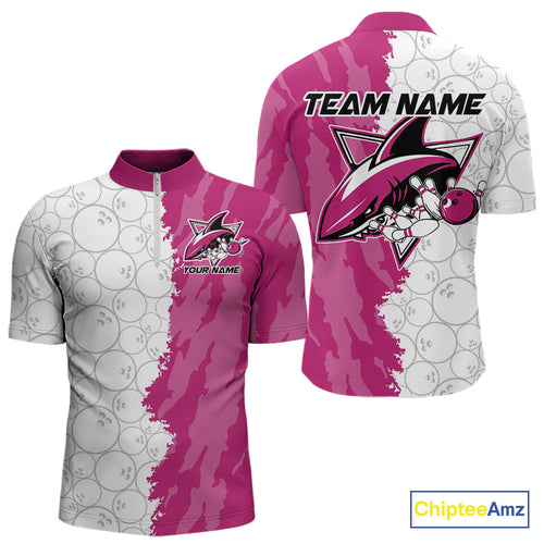 Custom White And Pink Shark Bowling Quarter-Zip Shirts For Men, Shark Bowling League Shirt IPHW8992