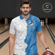 Load image into Gallery viewer, Custom White And Blue Shark Bowling Polo Shirts For Men, Shark Bowling League Shirt IPHW8993