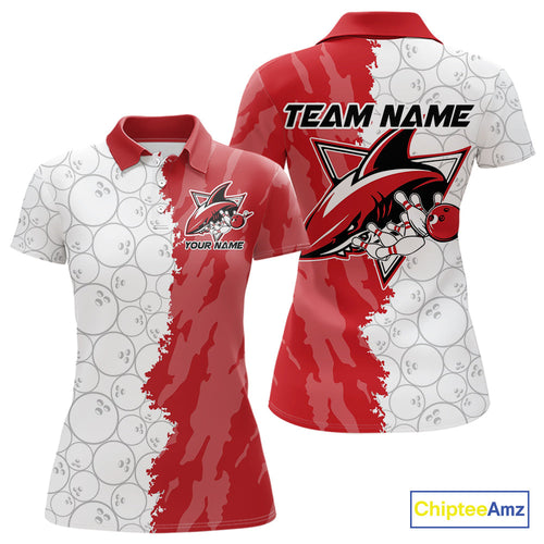 Custom White And Red Shark Bowling Polo Shirts For Women, Shark Bowling League Shirt IPHW8994