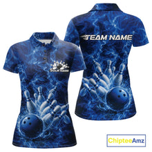 Load image into Gallery viewer, Front and back womens bowling polo mockup featuring a blue bowling ball crashing through pins against flames.