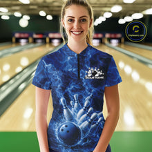 Load image into Gallery viewer, Custom Blue Fire Flame Bowling Women Quarter-Zip Tournament Shirt, Team Bowling Jerseys IPHW11102