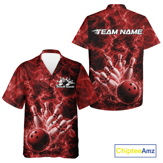 Button-up bowling shirt shown front and back with a red bowling ball knocking down pins against flames.