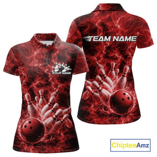 Front and back womens bowling polo featuring a red bowling ball crashing through pins with a fiery background.