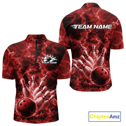 Front and back mens bowling quarter-zip featuring a red bowling ball crashing through bowling pins with blazing flames.