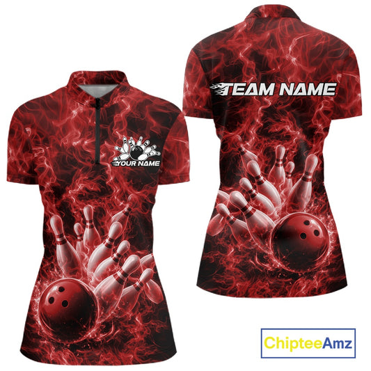 Front and back womens bowling quarter-zip featuring a red bowling ball crashing through bowling pins with blazing flames.