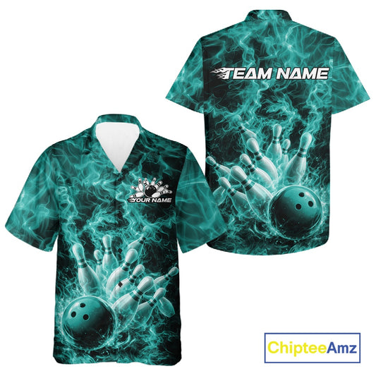 Front and back button-up bowling shirt featuring a turquoise blue bowling ball crashing through pins with fiery graphics.