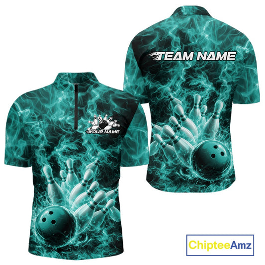 Front and back mens bowling quarter-zip featuring a turquoise blue bowling ball crashing through pins with a flame background.