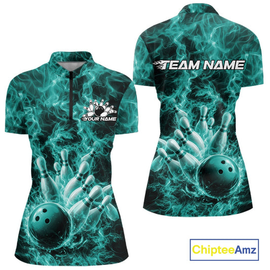 Front and back views of a womens bowling quarter-zip featuring a turquoise blue bowling ball crashing into pins with a flame background.