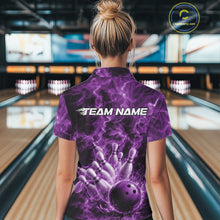 Load image into Gallery viewer, Back view of a womens bowling polo showcasing a purple bowling strike scene with flames.