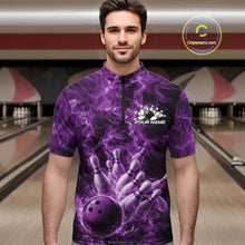 Load image into Gallery viewer, Male model at a bowling alley wearing a quarter-zip decorated with a purple bowling ball and fiery bowling strike graphics.