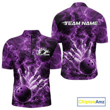 Load image into Gallery viewer, Front and back mens bowling quarter-zip featuring a purple bowling ball crashing through bowling pins with intense flame effects.
