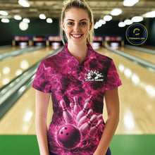 Load image into Gallery viewer, Female model in a bowling lane wearing a polo with pink bowling ball strike artwork and fiery graphics.