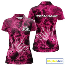 Load image into Gallery viewer, Front and back womens bowling polo mockup featuring a pink bowling ball crashing through pins against a flame background.