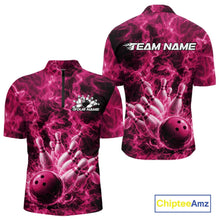 Load image into Gallery viewer, Custom Pink Fire Flame Bowling Men Quarter-Zip Tournament Shirt, Team Bowling Jerseys IPHW11106