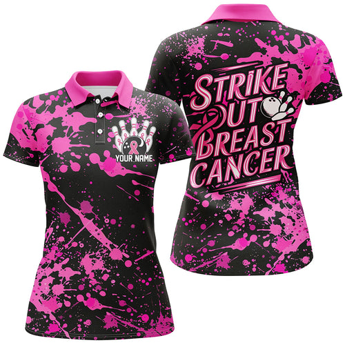 Black And Pin Strike Out Breast Cancer Pink Ribbon Custom Breast Cancer Ladies Bowling Shirt IPHW7049