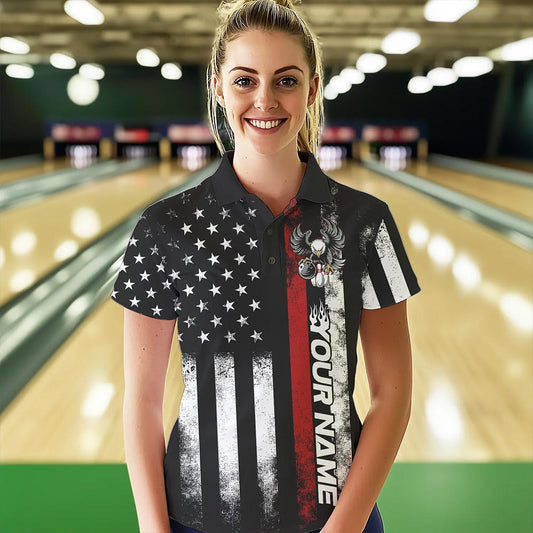 Custom Red Thin Line American Flag Eagle Bowling Women Polo Shirts, Patriotic US Bowling IPHW8736
