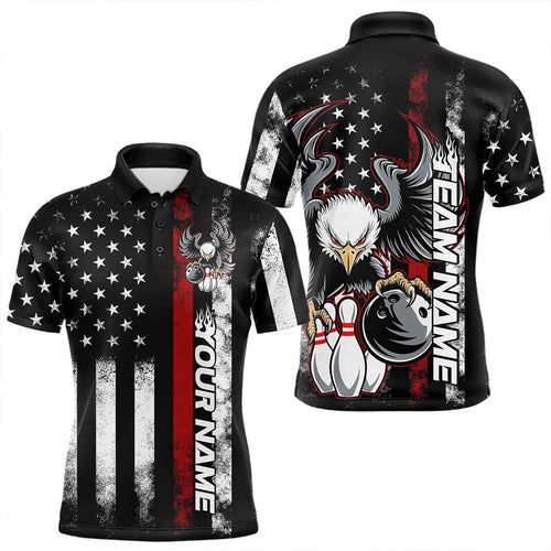 Custom Red Thin Line American Flag Eagle Bowling Men Polo Shirts, Patriotic US Bowling Shirt IPHW8736