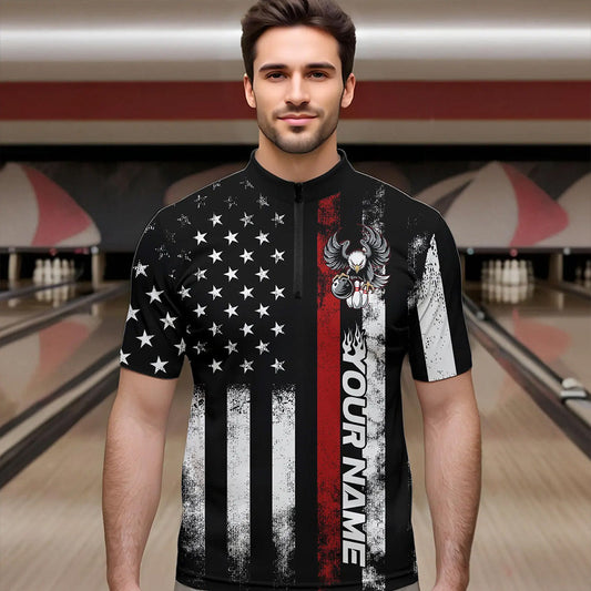 Custom Red Thin Line American Flag Eagle Bowling Men Quarter-Zip Shirts, Patriotic US Bowling Shirt IPHW8736